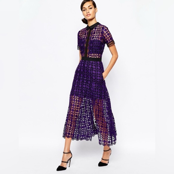 Self-Portrait Guipure Lace Scalloped Collared Midi Dress Purple/Black Sz 2 $530